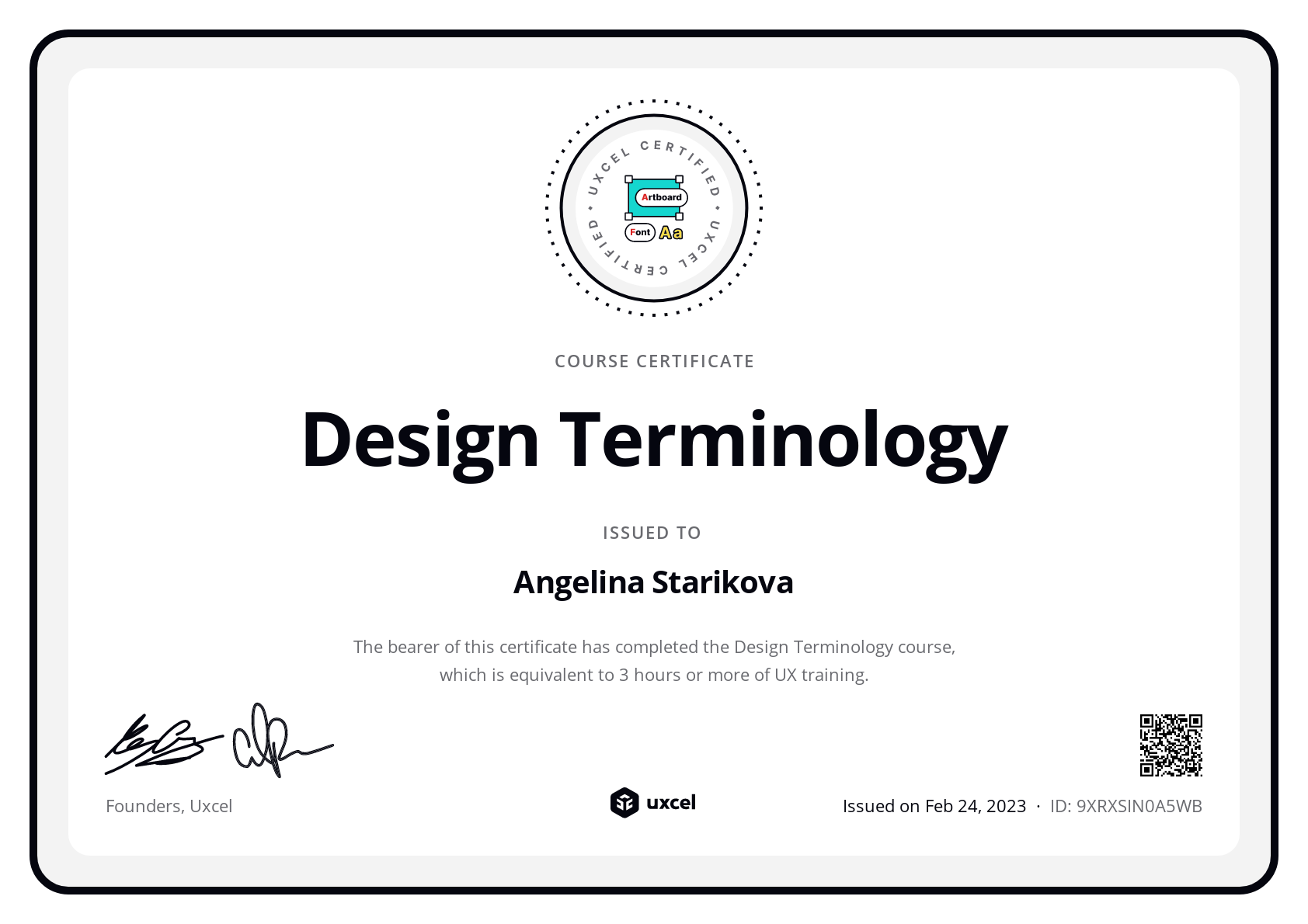 Angelina Starikova's certificate
